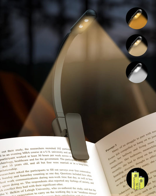 Lucarni Book Light,Reading Lights for Books in Bed,AAA Battery Clip-On Led Reading Light with 3 Colors & Stepless Dimming,Portable and Ultra-Lightweight with Long Runtime(DarkBlack)