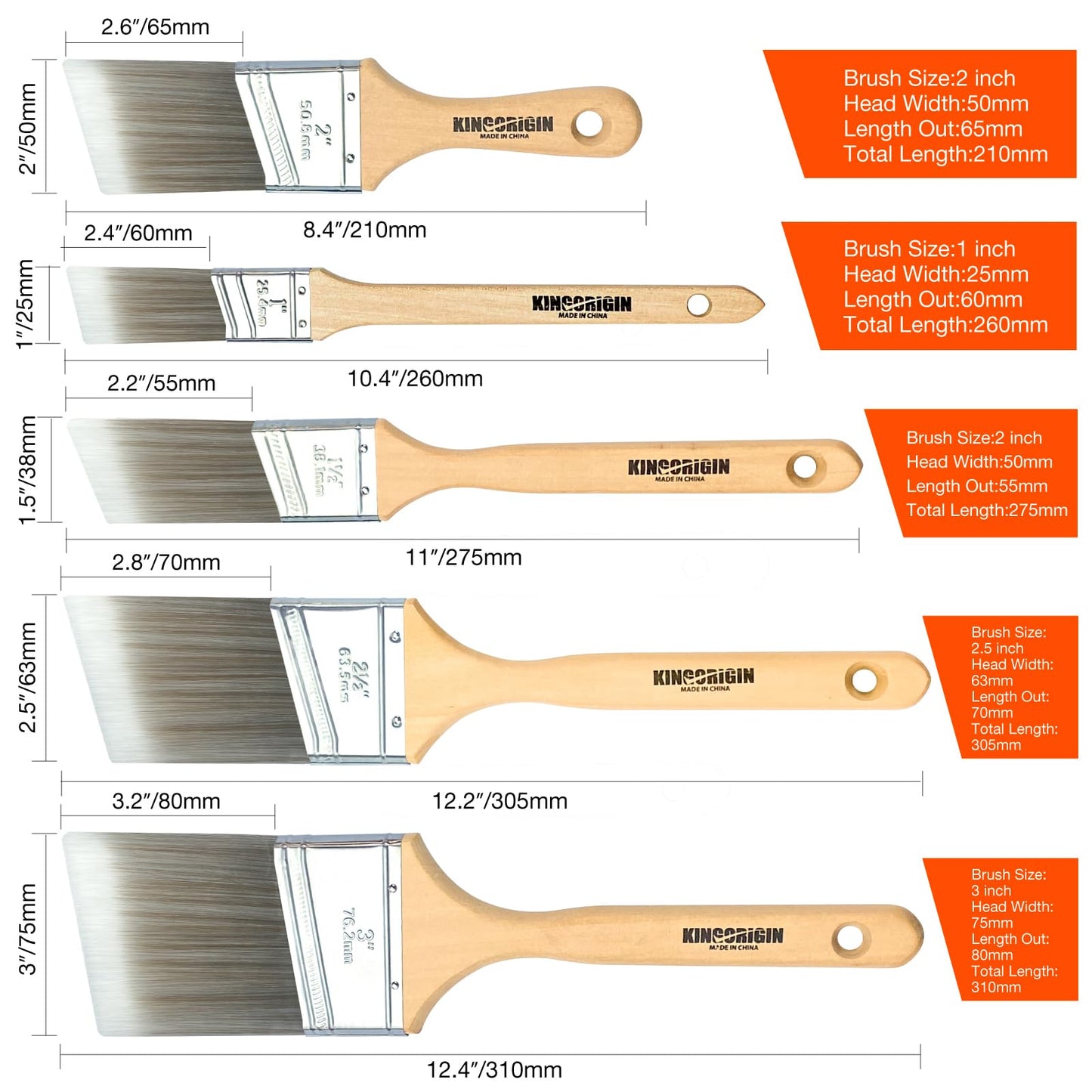 King Origin 10-Pack Professional Angled Paint Brushes Set - (1"/1.5"/2"/2.5"/3") Synthetic Wall & Trim Brushes for Cutting Edges, Cabinets, Touch-Ups | Reusable Bulk Paintbrush Kit