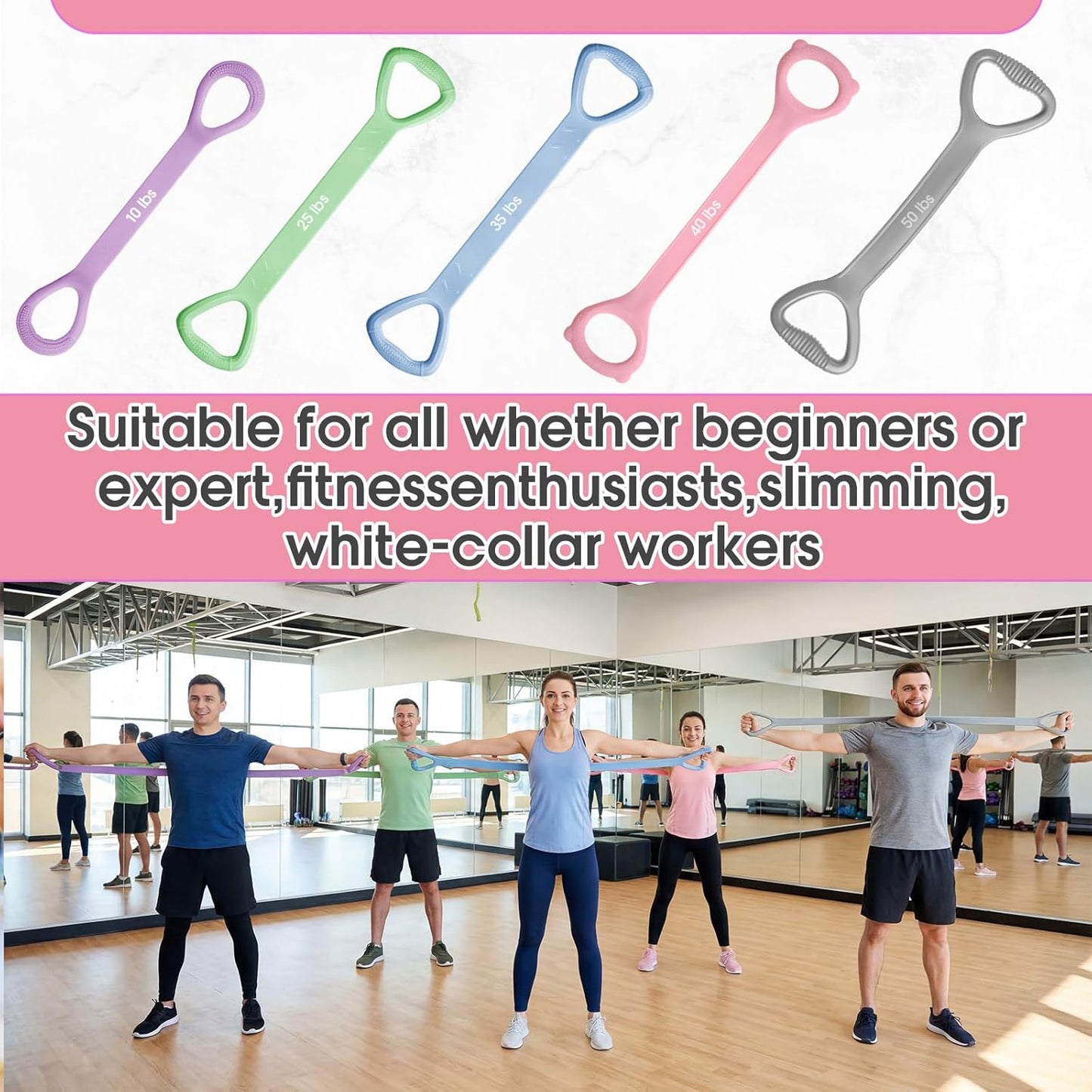 Soulchen Figure 8 Fitness Resistance Bands - 5 Pack (10-50 Lbs) for Yoga, Pilates, Stretching & Workouts