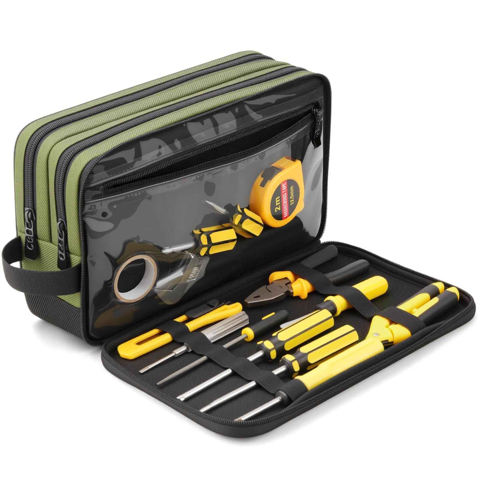 12-Inch Small Heavy Duty Tool Bag, 1680D Green Zippered Organizer with 3 Compartments & Multi-Pockets for Electricians, Mechanics, DIY, Grill & Camping Tools Storage, EDC Gear Utility Pouch