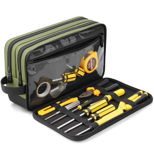 12-Inch Small Heavy Duty Tool Bag, 1680D Green Zippered Organizer with 3 Compartments & Multi-Pockets for Electricians, Mechanics, DIY, Grill & Camping Tools Storage, EDC Gear Utility Pouch
