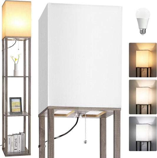 Modern Wood Corner Floor Lamp with Shelves & 3 CCT LED Bulb - Rustic Nightstand & Display Lamp for Living Room, Bedroom, Office
