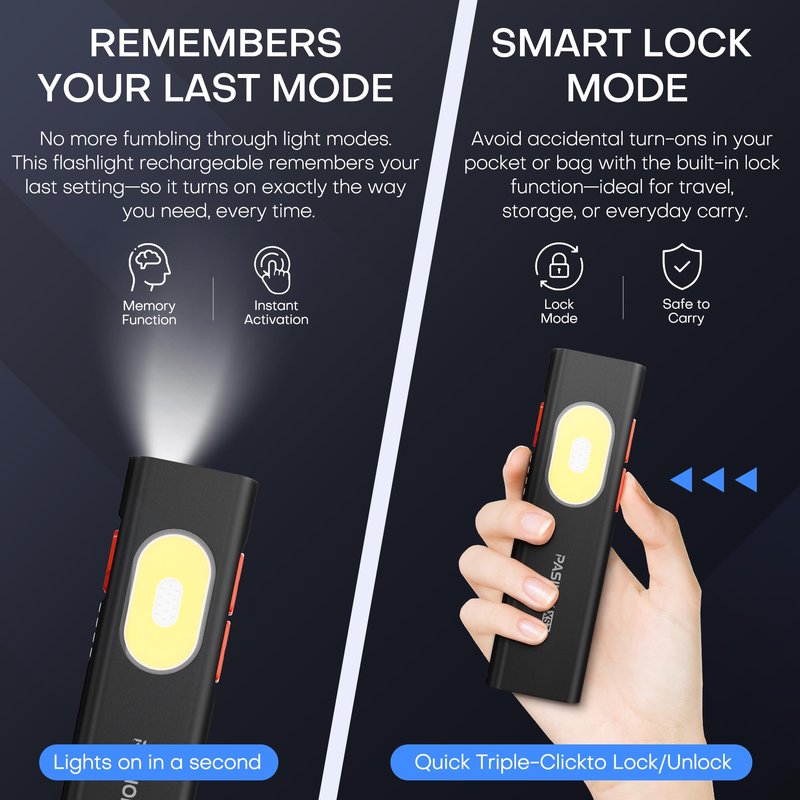 PASIION Rechargeable EDC Flat Flashlight White LED Combo,1400 Lumen Portable Pocket Flashlight –10 Modes Small LED Light with Magnetic Base,USB-C Charging for Outdoors,Emergency,Working