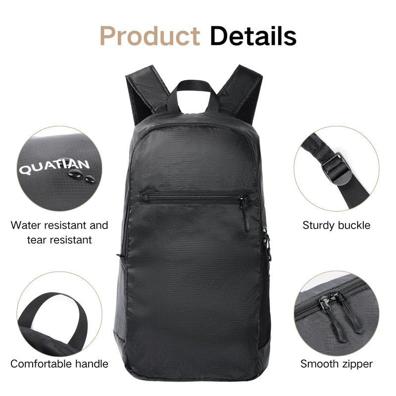 Quatian Lightweight Foldable Backpack – Water-Resistant Travel Daypack with Spacious Compartment & Front Pocket, Compact and Durable for Daily Use