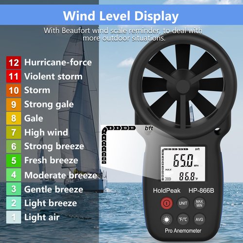 HoldPeak 866B Handheld Anemometer with Tripod, Digital Wind Speed Gauge Meter, Air Flow Velocity Temperature CFM Measuring Device for HVAC Outdoor Sailing Shooting Golf