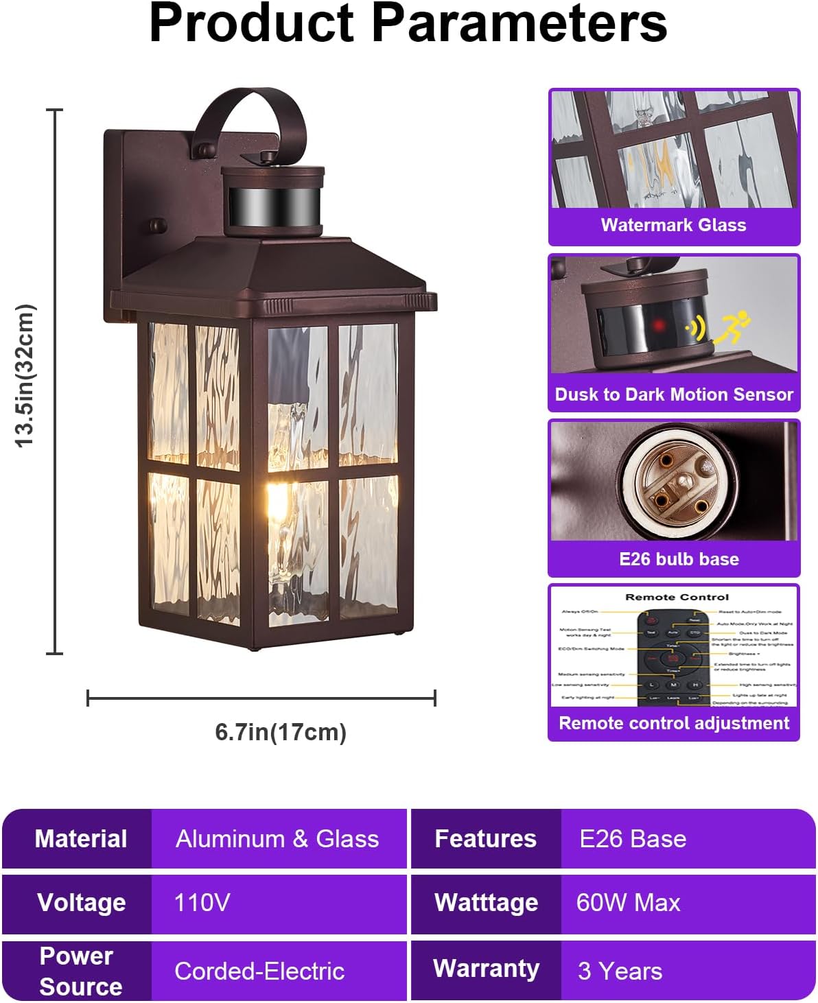 Motion Sensor Outdoor Wall Light - Dusk to Dawn Black Porch Fixture for Garage & Patio