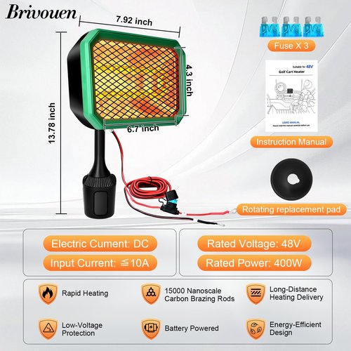 Brivouen Golf Cart Heater Electric Battery Operated, 400W Safe & Fast Silent Carbon Fiber Heater with 360° Rotatable Head, Compatible with Yamaha/Club Car/EZGO 48V, Golf Gifts Cart Accessories