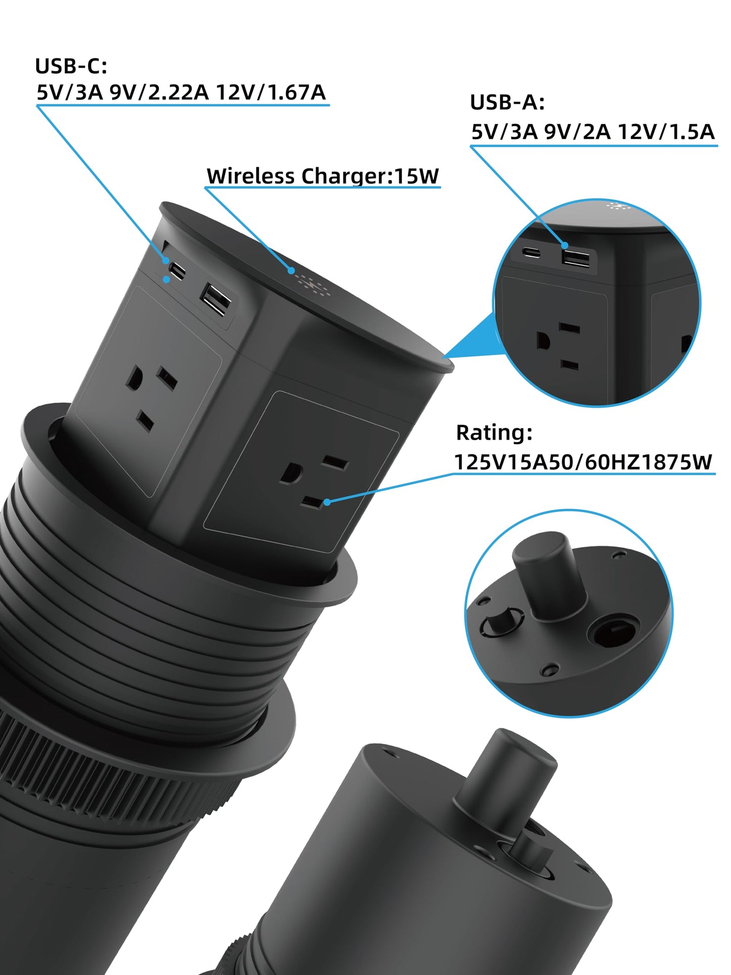 Pop up Outlet for Countertop with 15W Wireless Charger,4 Outlets 1 PD20W USB-C Ports,1QC18W USB-A,3.94 inch Desk Hole Power Grommet,Pop Up Power Outlet for Kitchen Countertop,Office Desktop (Black)