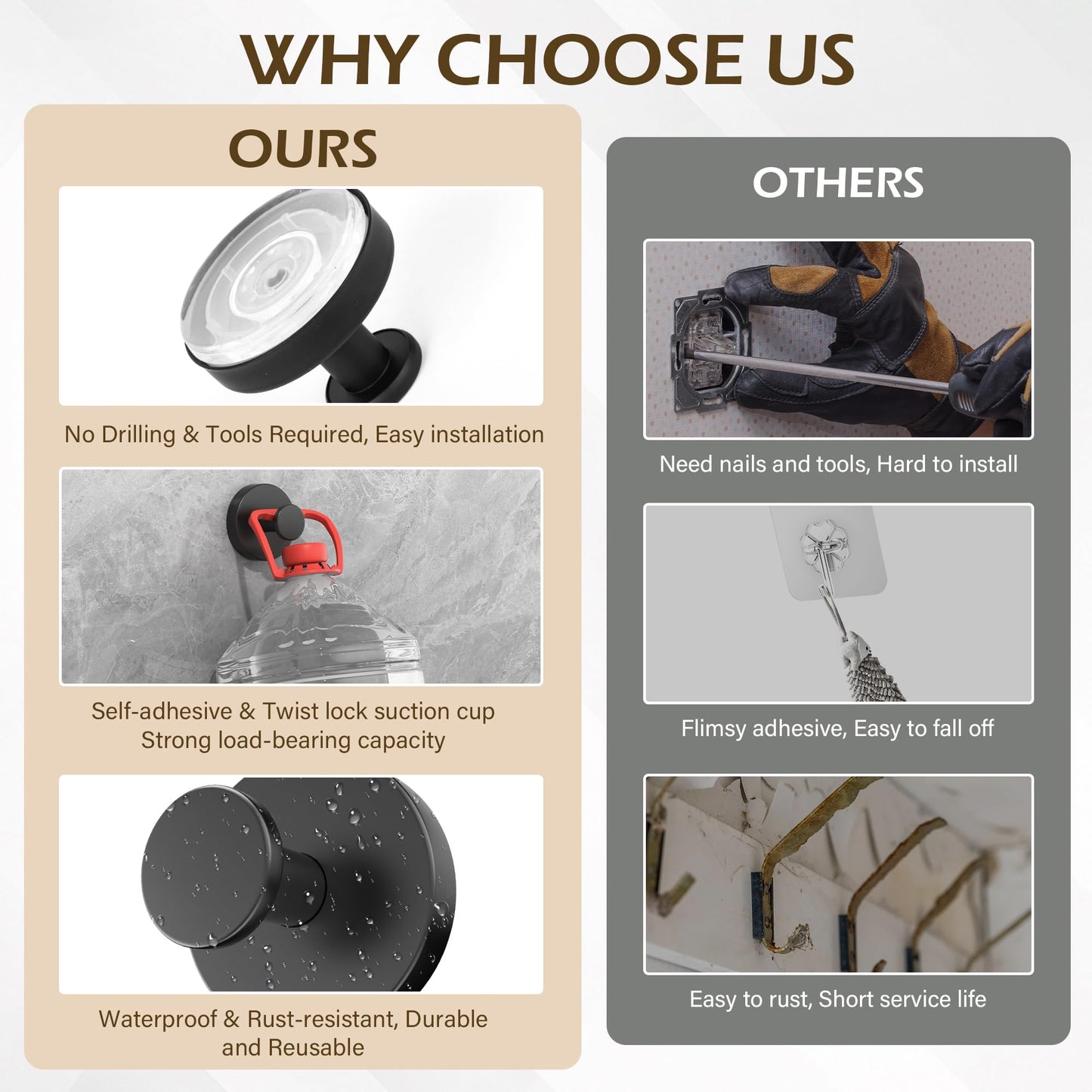 Ninth Five Shower Suction Cup Hooks, Heavy Duty Bathroom Wall Hooks for Towels, Robes, Loofahs, Removable Metal Hook for Tile Glass Mirror, No Drill(4 Pack, Black)