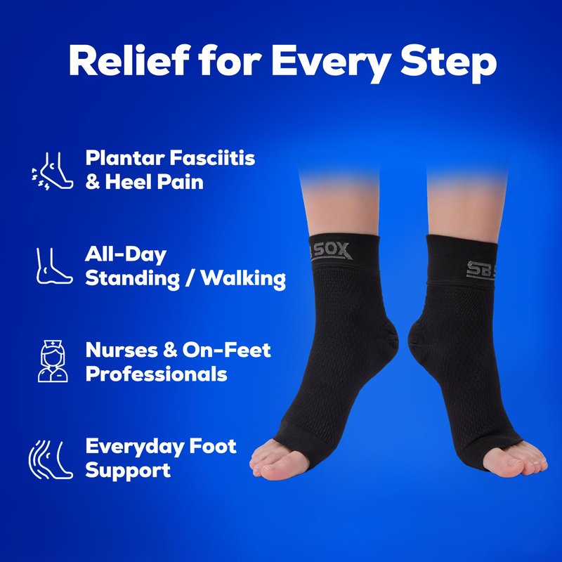 SB SOX Plantar Fasciitis Compression Socks – Arch Support Sleeve for Heel Pain Relief, Achilles Tendonitis & Foot Pain – Toeless Ankle Compression, All-Day Comfort (Solid Black, Medium)