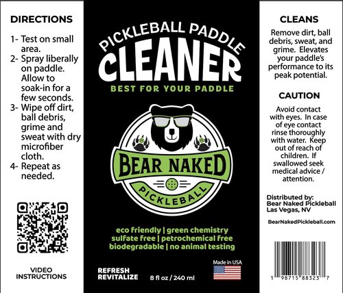 BEAR NAKED PICKLEBALL Pickleball Paddle Cleaner, Maintain Paddle Surface, Remove Dirt and Ball Residue for Spin and Control, Designed for Carbon Fiber, Graphite & Kevlar – 8oz Spray, Made in USA