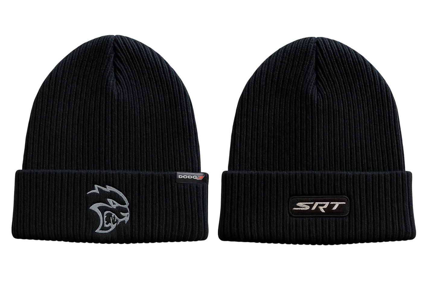 Dodge SRT Hellcat Flip Knit Hat – Black Cuffed Beanie with Front Hellcat Logo & Rear SRT Embroidery – One Size Fits Most
