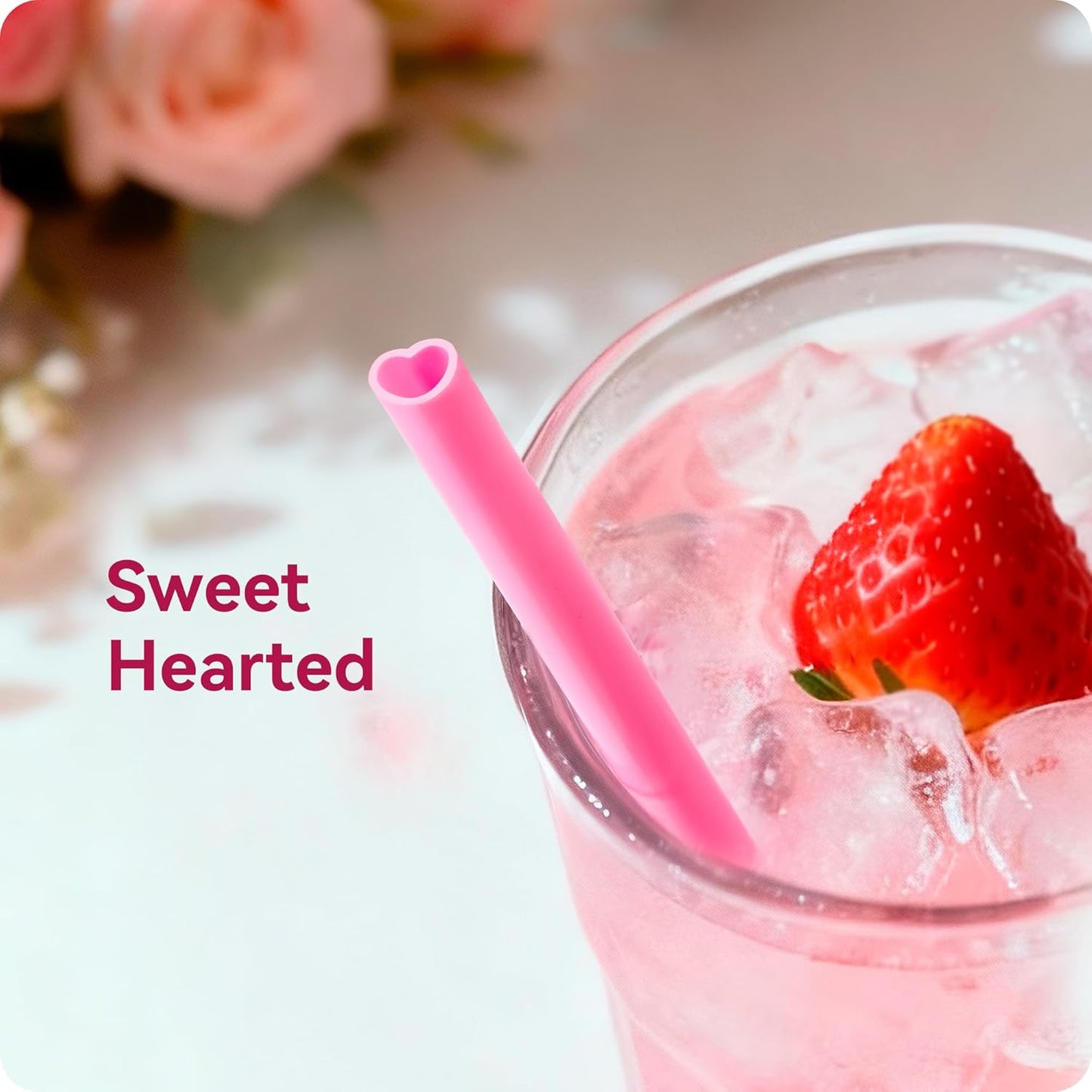 Skiennix Heart Shaped Pink Straws - 50pcs Individually Wrapped Disposable Drinking Straws for Parties & Events