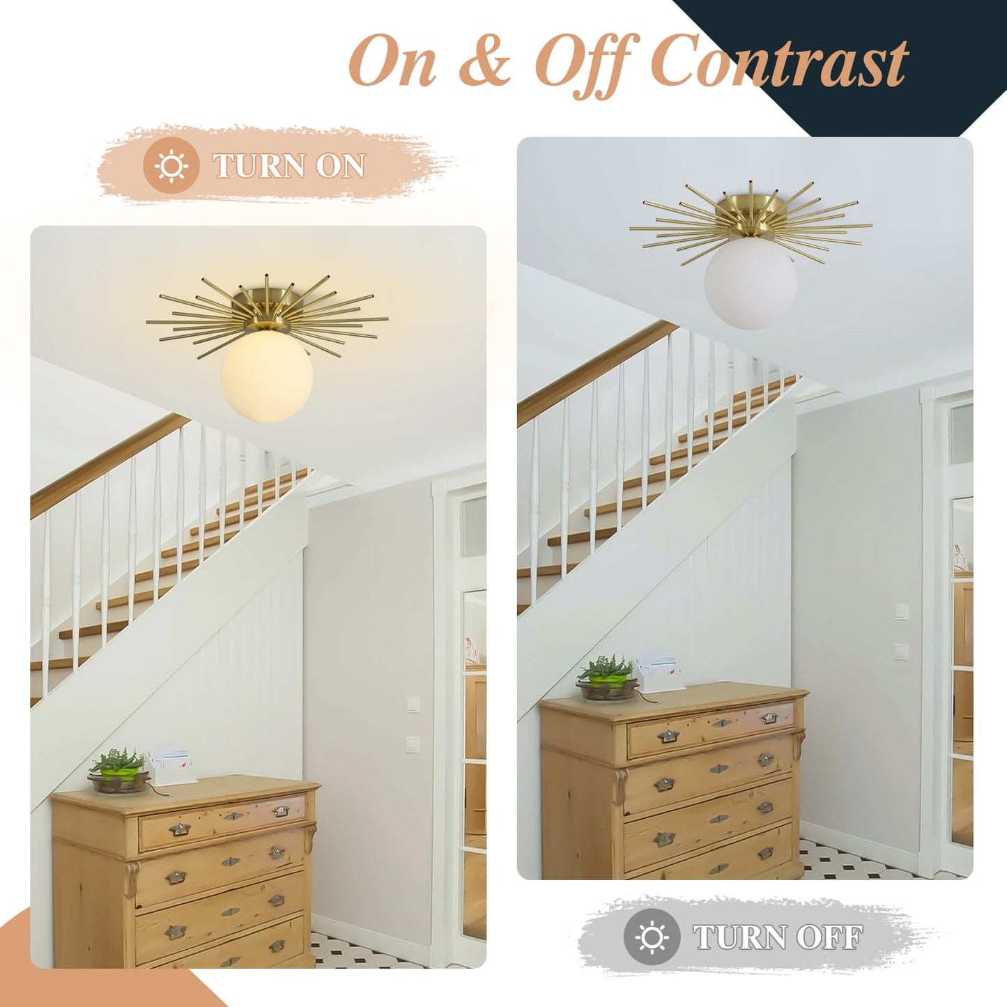 BOKT Modern Gold Semi Flush Mount Ceiling Light Mid Century White Glass Globe Ceiling Light Industrial Close to Ceiling Light Vintage Golden Ceiling Lamps Brushed Brass Hallway Light Fixtures