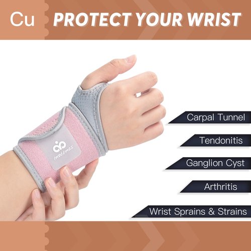 INDEEMAX Copper Carpal Tunnel Wrist Brace, 2 Pack Wrist Support Wraps for Men Women, Adjustable Compression Wrist Brace for Tendonitis, Pain Relief, Arthritis, Sports, Work, Sleeping, Both Hands, Pink