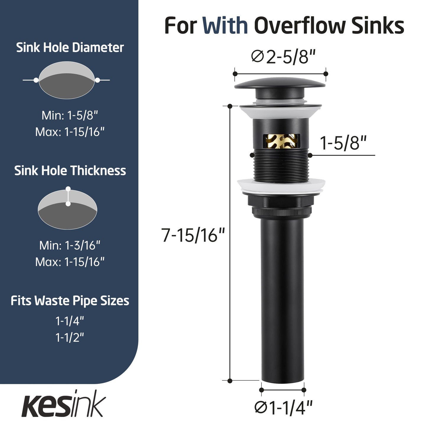 kesink Black Bathroom Sink Drain with Anti - Clog Basket Drain, Pop Up Drain for Bathroom Sink with Hair Catcher, All Metal Vessel Sink Stopper with Overflow Matt Black, S20002A-BK