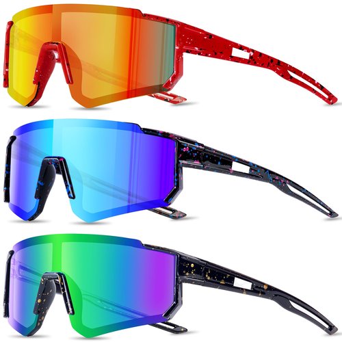 AGGKKY 3 Pack Kids Sunglasses, Youth Baseball Sunglasses for Boys Girls, Polarized Sun Glasses UV400 Sports Cycling Shades Lightweight Frame for Kids Ages 8-14 (Red/Orange+Black/Blue+Navy Blue/Green)