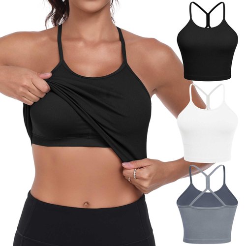 VEQKING 3 Pack Sports Bras Women High Neck Seamless Ribbed Longline Light Impact Yoga Tank Top with Built-in Bra Spaghetti Strap Racerback Breathable Removable Padded Workout Top