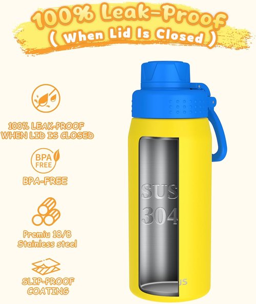 GOPPUS Kids Water Bottle - 19oz Stainless Steel Insulated, Leakproof, BPA-Free - Yellow for School