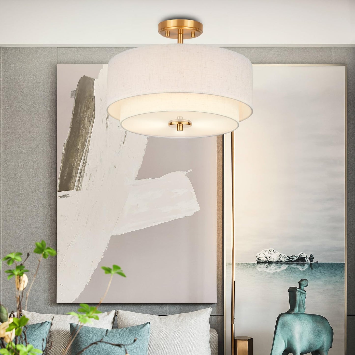 Edwarmlux 3-Light Semi Flush Mount Ceiling Light, 16" Drum Light with White Fabric Shade, Modern Close to Ceiling Lamp for Living Room Bedroom Dining Kitchen Hallway Entry (Brushed Gold)
