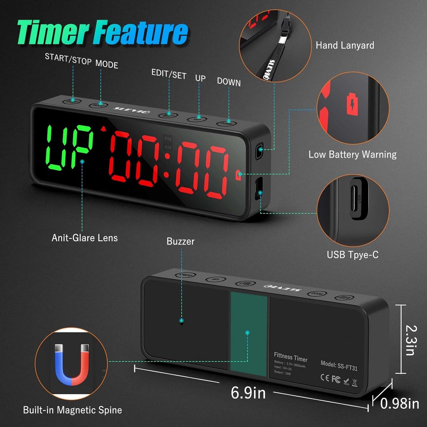 Skiennix Gym Timer Clock - Magnetic Stopwatch with Large LED Display | Matte Black Countdown Timer for Home Gym & Schools