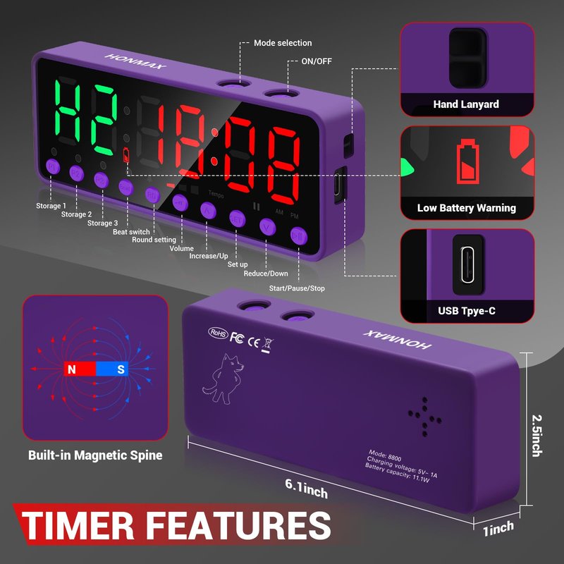 Digital Interval Timer with LED Display, Workout Timer/Purple Button