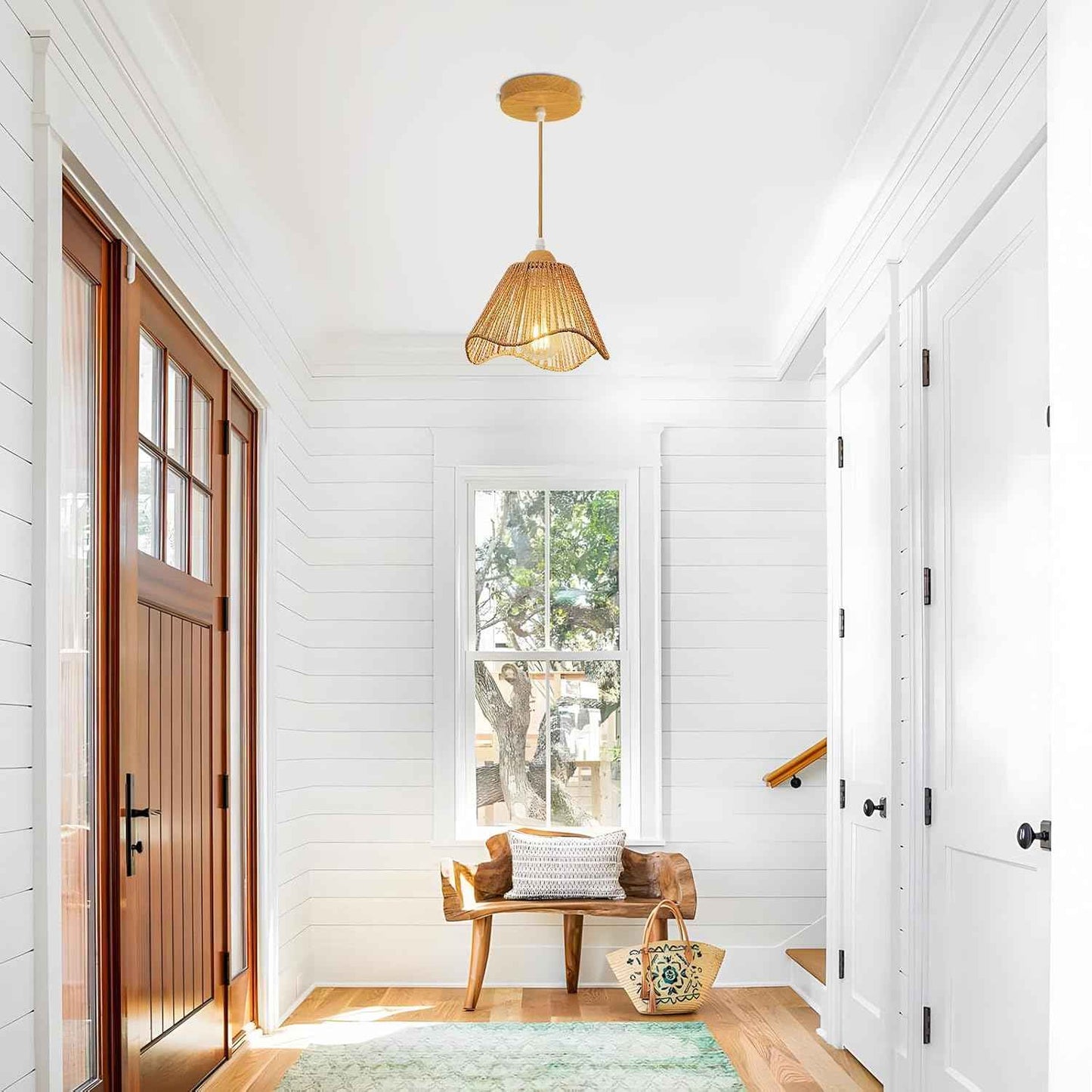 Rattan Chandelier Pendant Lights - 3 Pack Adjustable Height Boho Farmhouse Ceiling Fixtures for Kitchen & Dining Room
