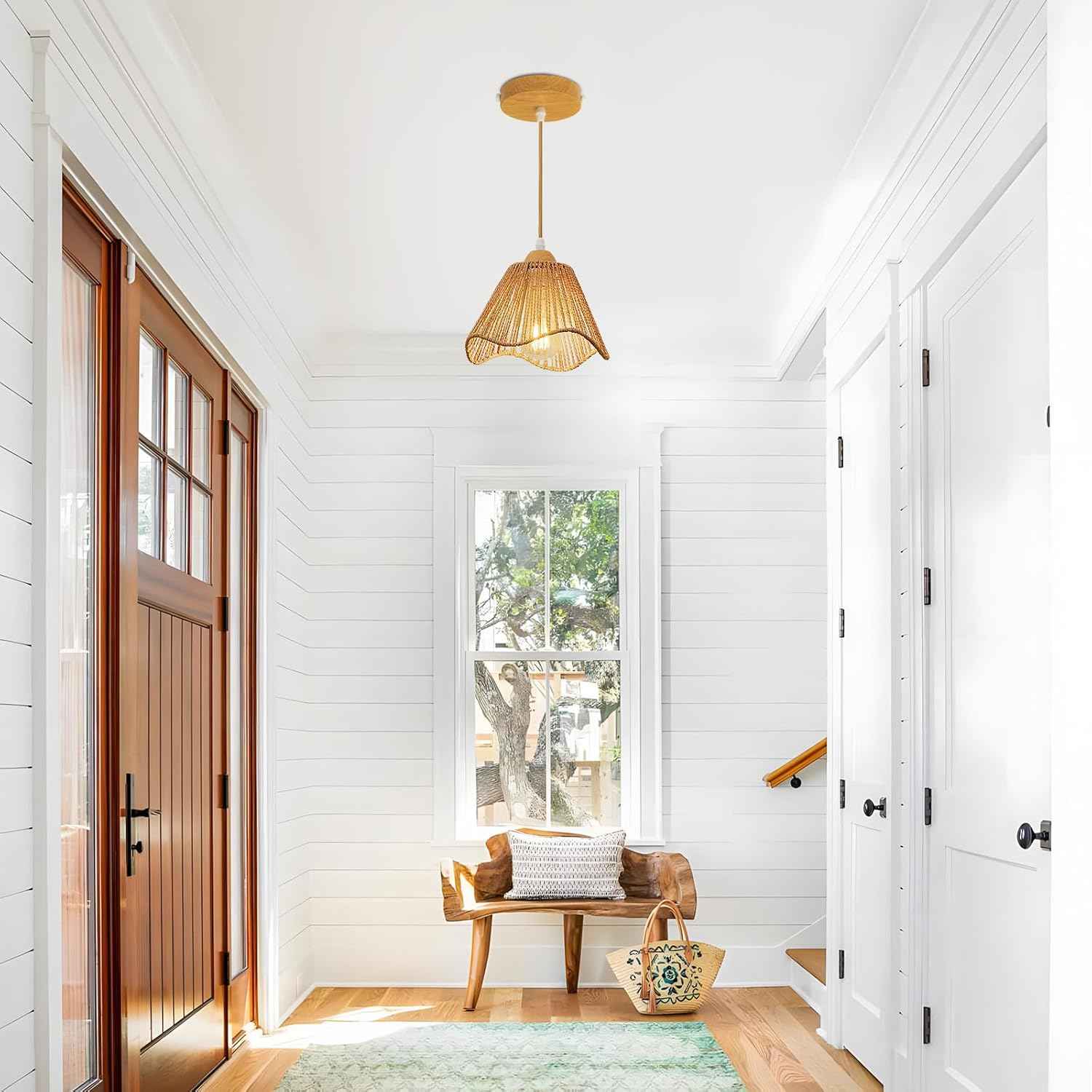 Rattan Chandelier Pendant Lights - 3 Pack Adjustable Height Boho Farmhouse Ceiling Fixtures for Kitchen & Dining Room