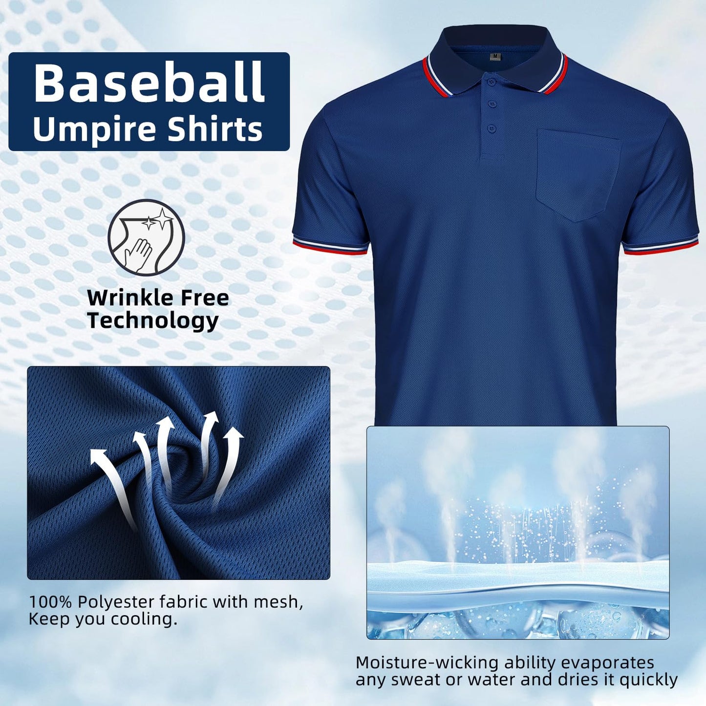 CUTIEHON Men's Baseball Softball Umpire Shirt, Short Sleeve Polo Referee Shirts Sized for Chest Protector Navy