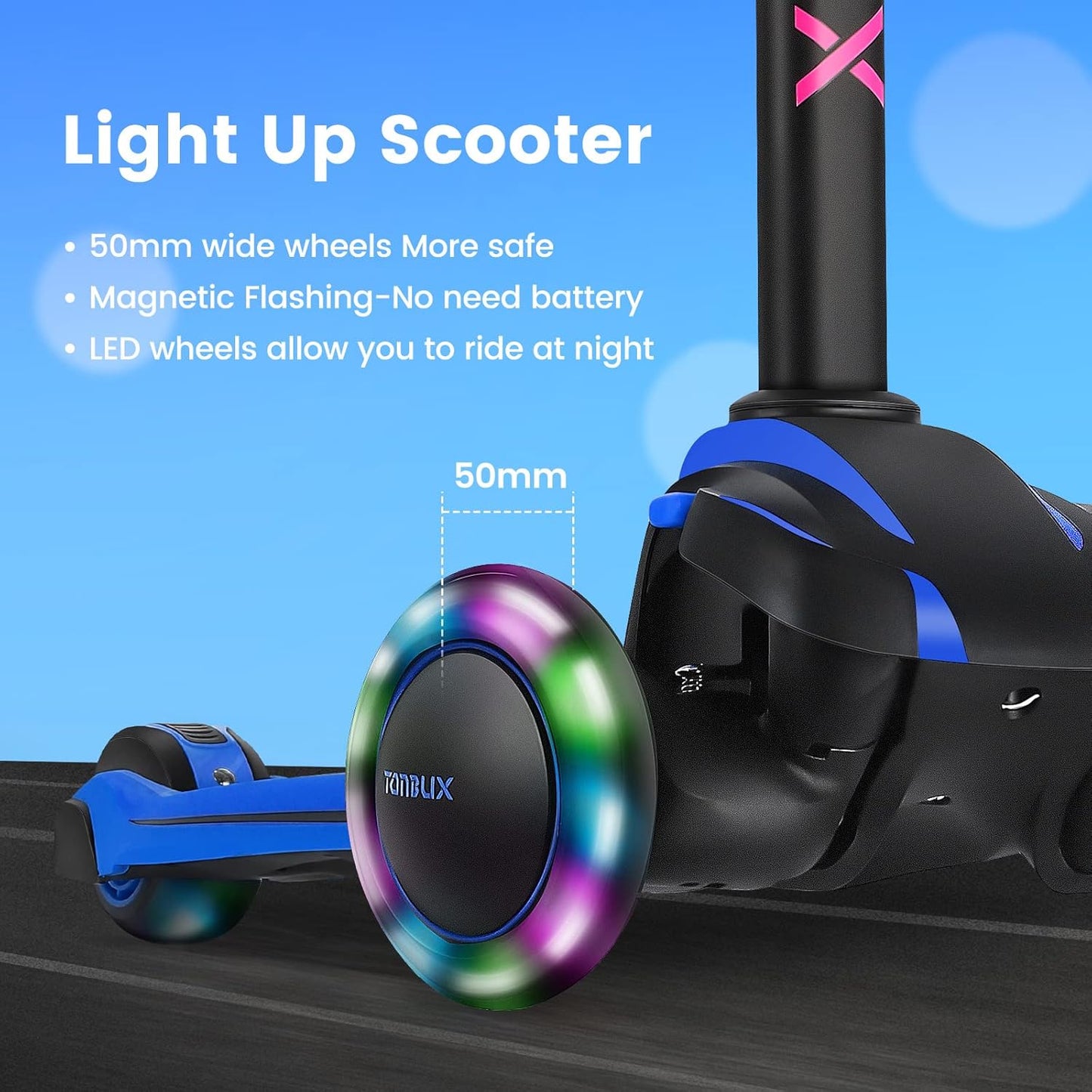 TONBUX Kids Scooter - Adjustable Height, Light-Up 3-Wheel Design | Shock Absorption & Balance Training for Ages 3-12