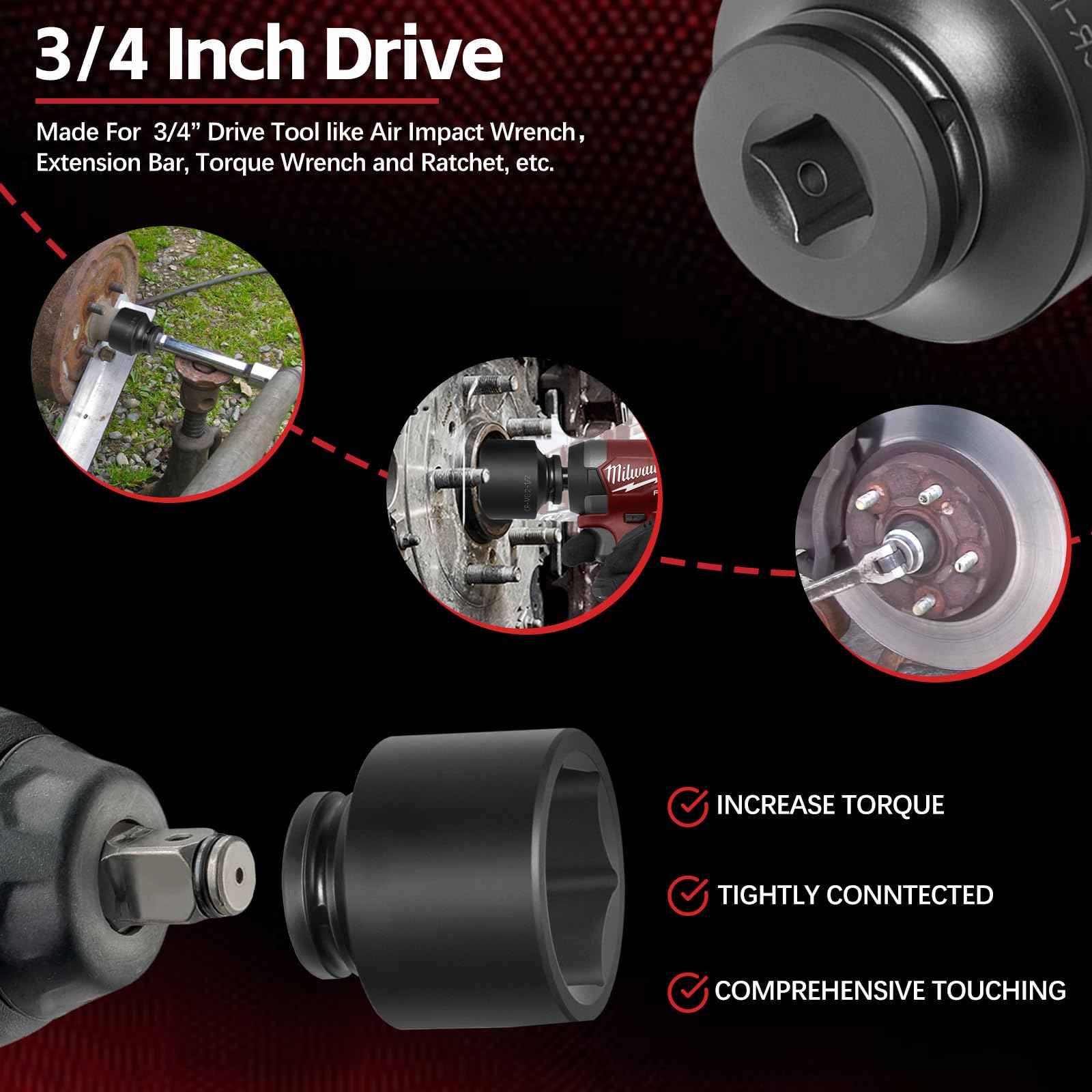 3/4" Drive Spindle Axle Nut Impact Socket Set, 6 Point Large Socket Set, CR-MO, 2-1/16" to 2-1/2", Heavy Duty Impact Socket Set Use In Removing And Installing Axle Nuts