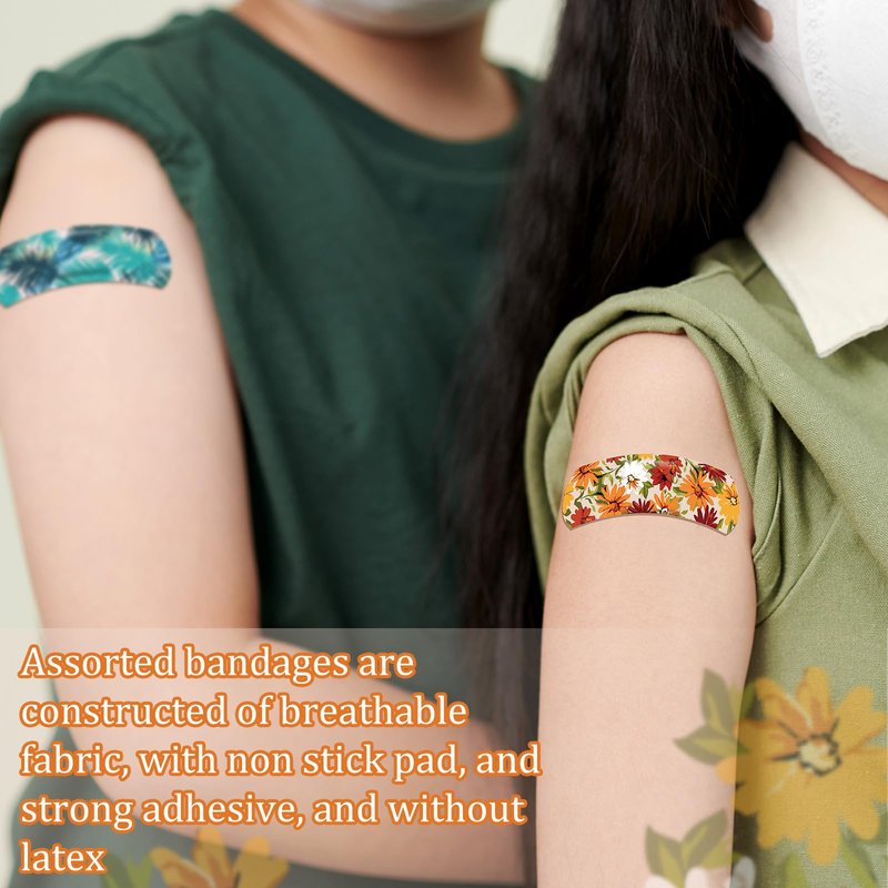 Threlaco 180 Pcs Flexible Fabric Adhesive Bandages Bulk Assorted Bandages Floral Breathable Fabric Strip with Non Stick Pad, Flexible Protection Wound Care for Women Cuts Scrapes First Aid, 12 Styles