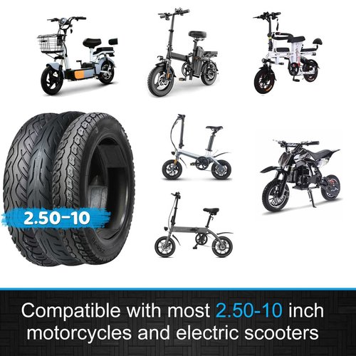 2.50-10 Dirt Bike Tire Street Tire Compatible with 14x2.50 14x2.5 60/100-10 ebike Tyre 33J 4 P.R. Max Load 253 Lbs Scooter Street Neumático with Tubeless Valves and Tools