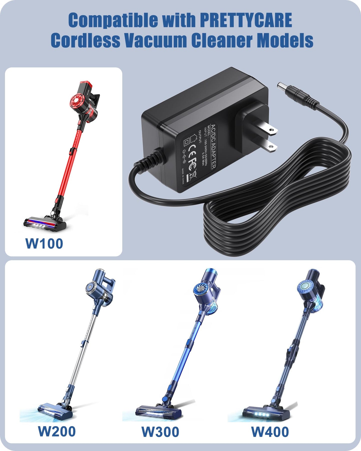 for PRETTYCARE Cordless Vacuum Cleaner Charger Compatible with SPRETTYCARE W100 W200 W300 W400 20KPa 22.2V 180W Power Cord with 5.9FT Power Cord