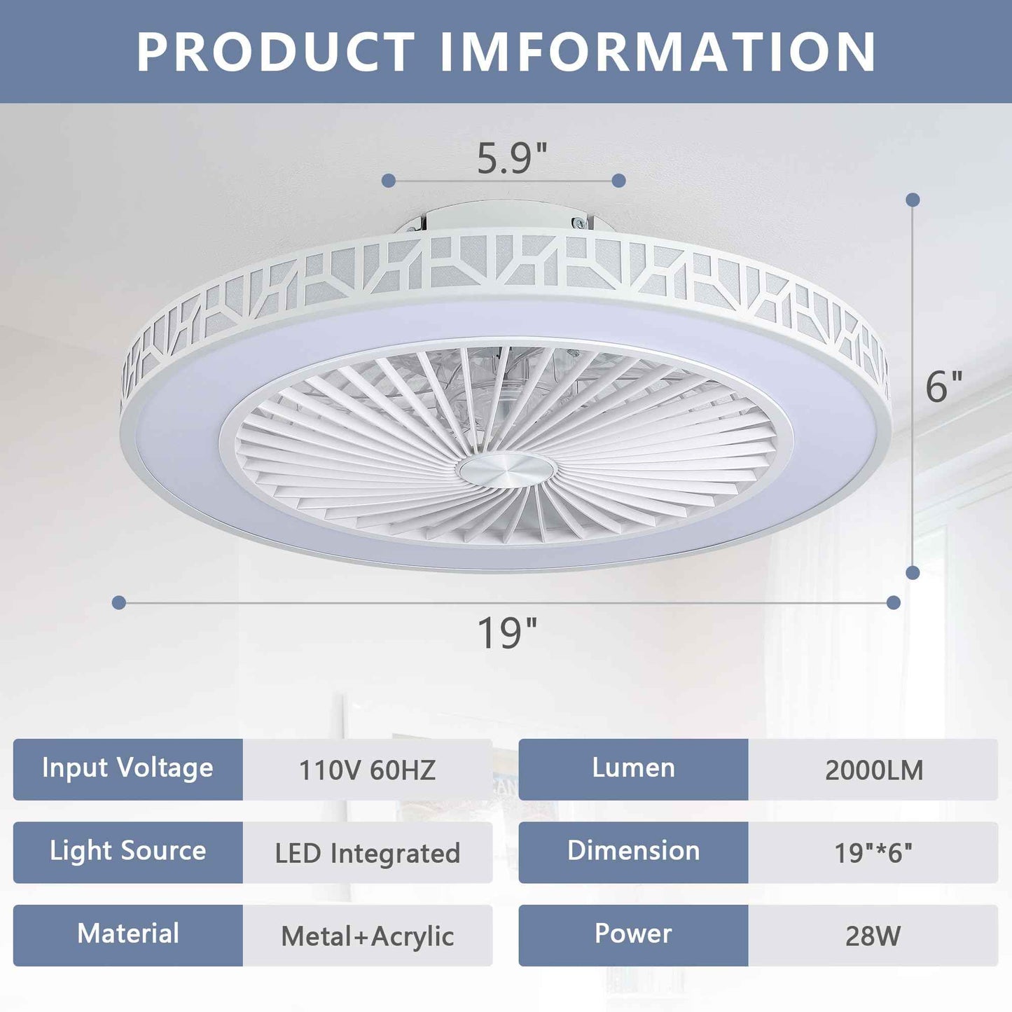 YKLITG Bladeless Ceiling Fan with Lights and Remote, 19 Inch LED Low Profile Fandelier Ceiling Fans with Metal Frame, White Flush Mount Light Fixtures for Kids Bedroom, Kitchen, Living Room