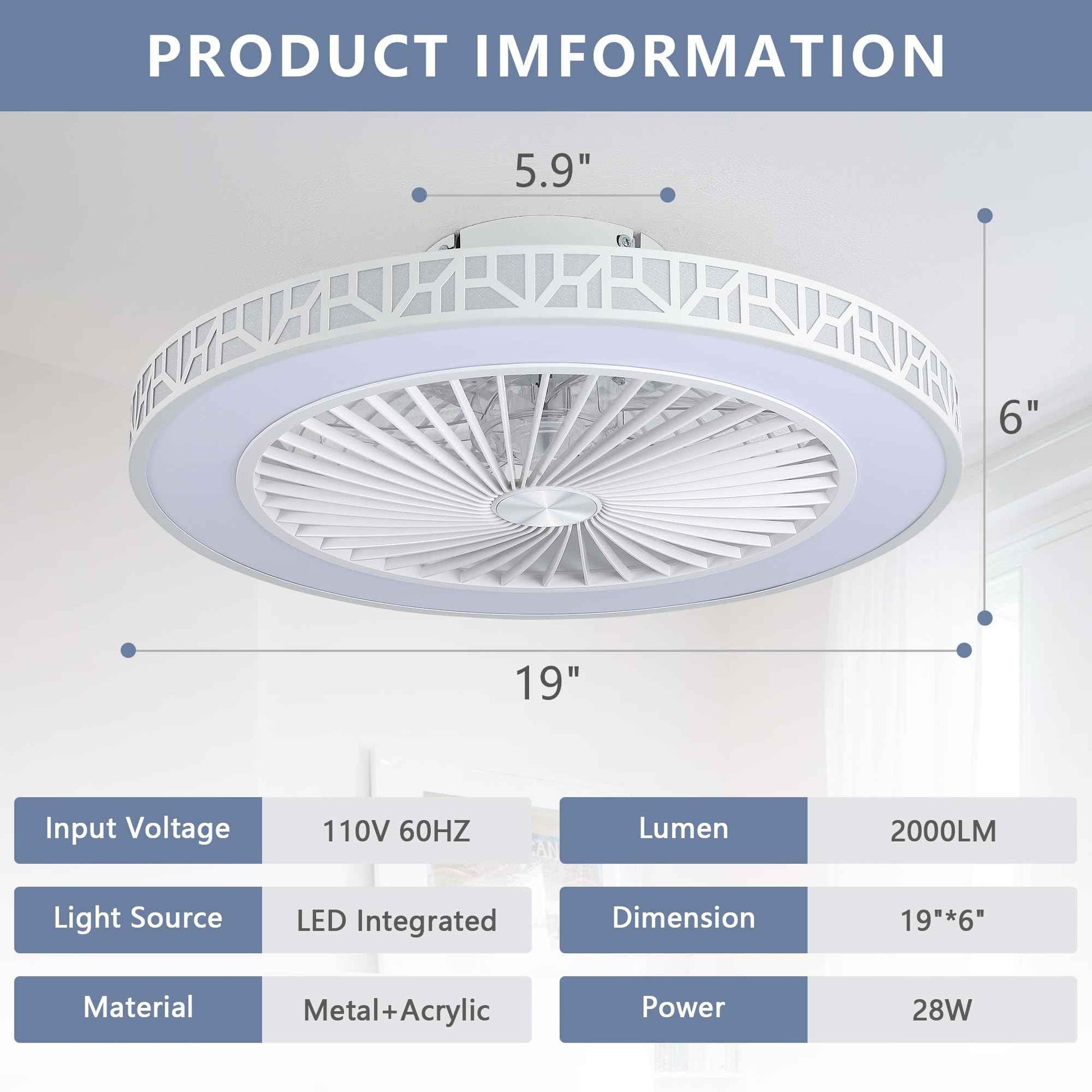 YKLITG Bladeless Ceiling Fan with Lights and Remote, 19 Inch LED Low Profile Fandelier Ceiling Fans with Metal Frame, White Flush Mount Light Fixtures for Kids Bedroom, Kitchen, Living Room