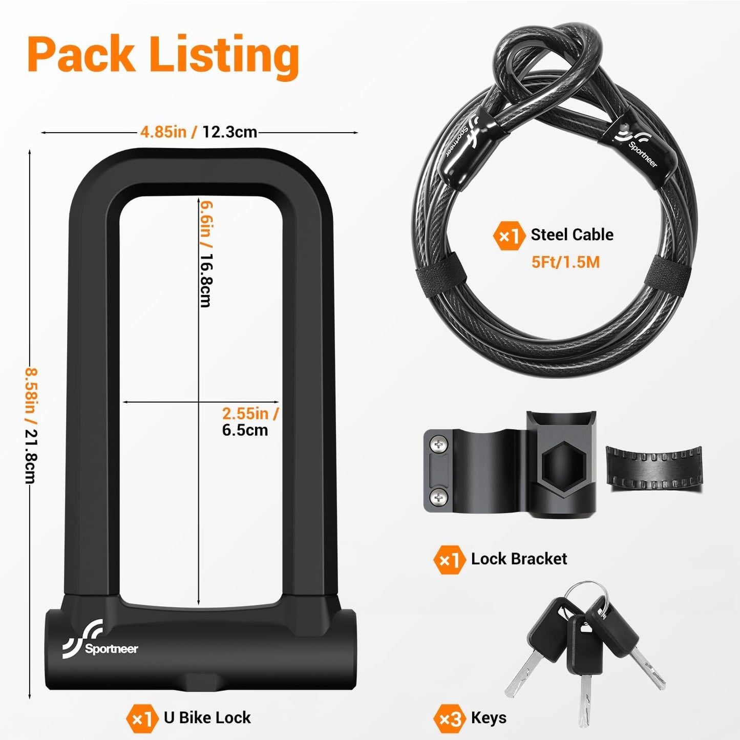 Sportneer Bicycle Lock - 18mm Heavy-Duty Anti-Theft U Lock with 5ft Security Cable & 3 Keys | Fits Road & Mountain Bikes, Size 8.58'' x 4.85''