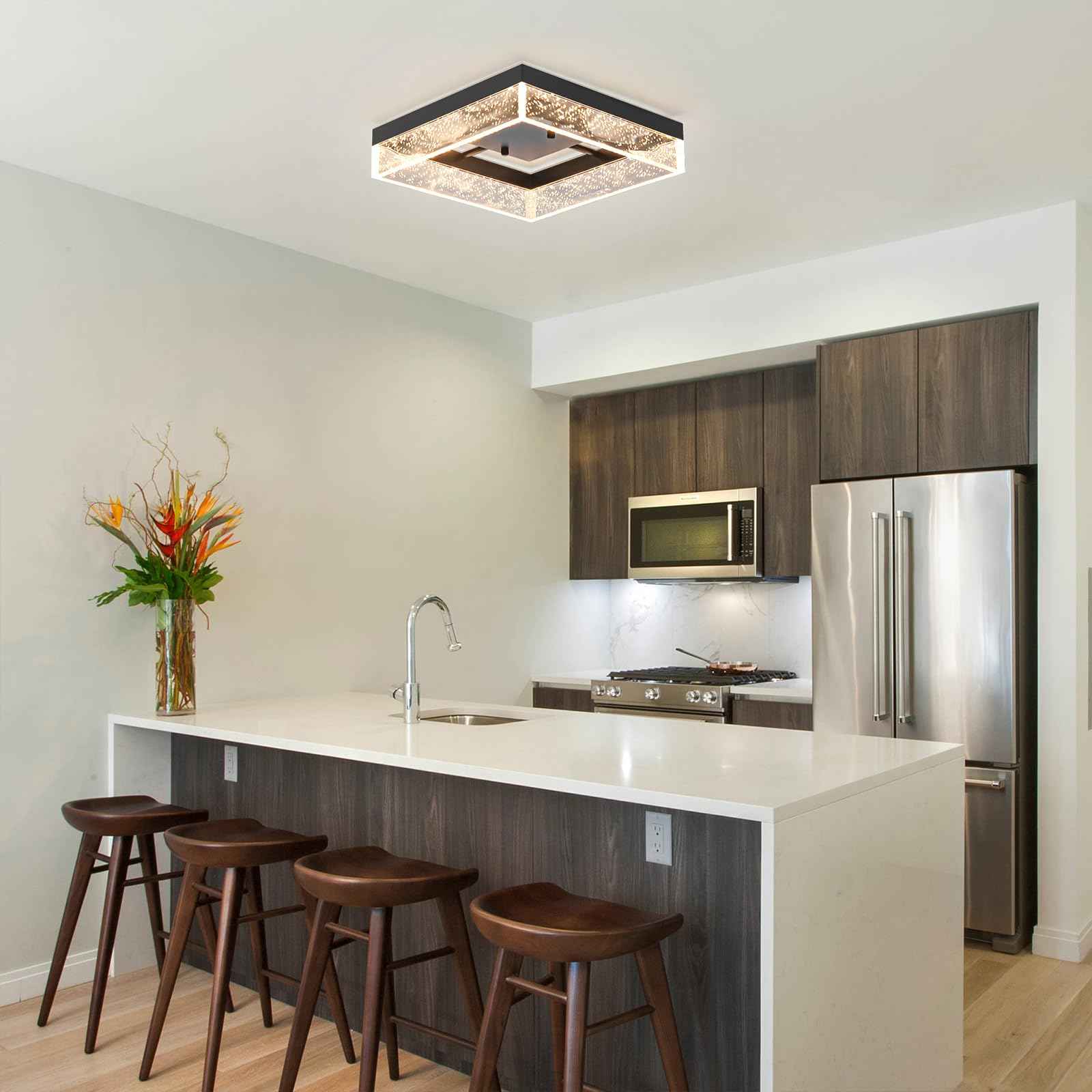 Qcyuui LED Flush Mount Ceiling Light, 11.81in 20W Modern Ceiling Light with Clear Bubble Acrylic,Square LED Ceiling Lamp for Kitchen Hallway Closet Living Room Bedroom, Black, 3000K Dimmable