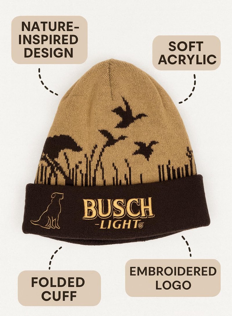 Calhoun Busch Light Hunting Beanie – Warm Knit Winter Hat with Dog & Duck Design for Outdoor Enthusiasts Brown