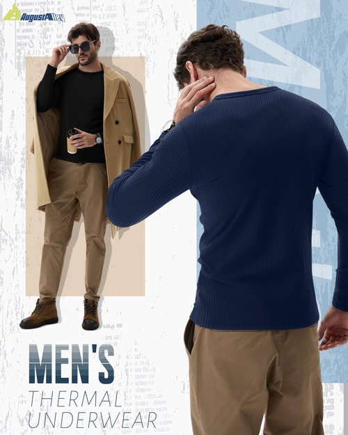 August Alley 4 Pack Men's Cotton Thermal Long Sleeve Shirts Ribbed Crew Neck Tops Slim Fit Undershirts Fall Winter Base Layer(Black, Dark Gray, Dark Brown, Navy Blue,X-Large)