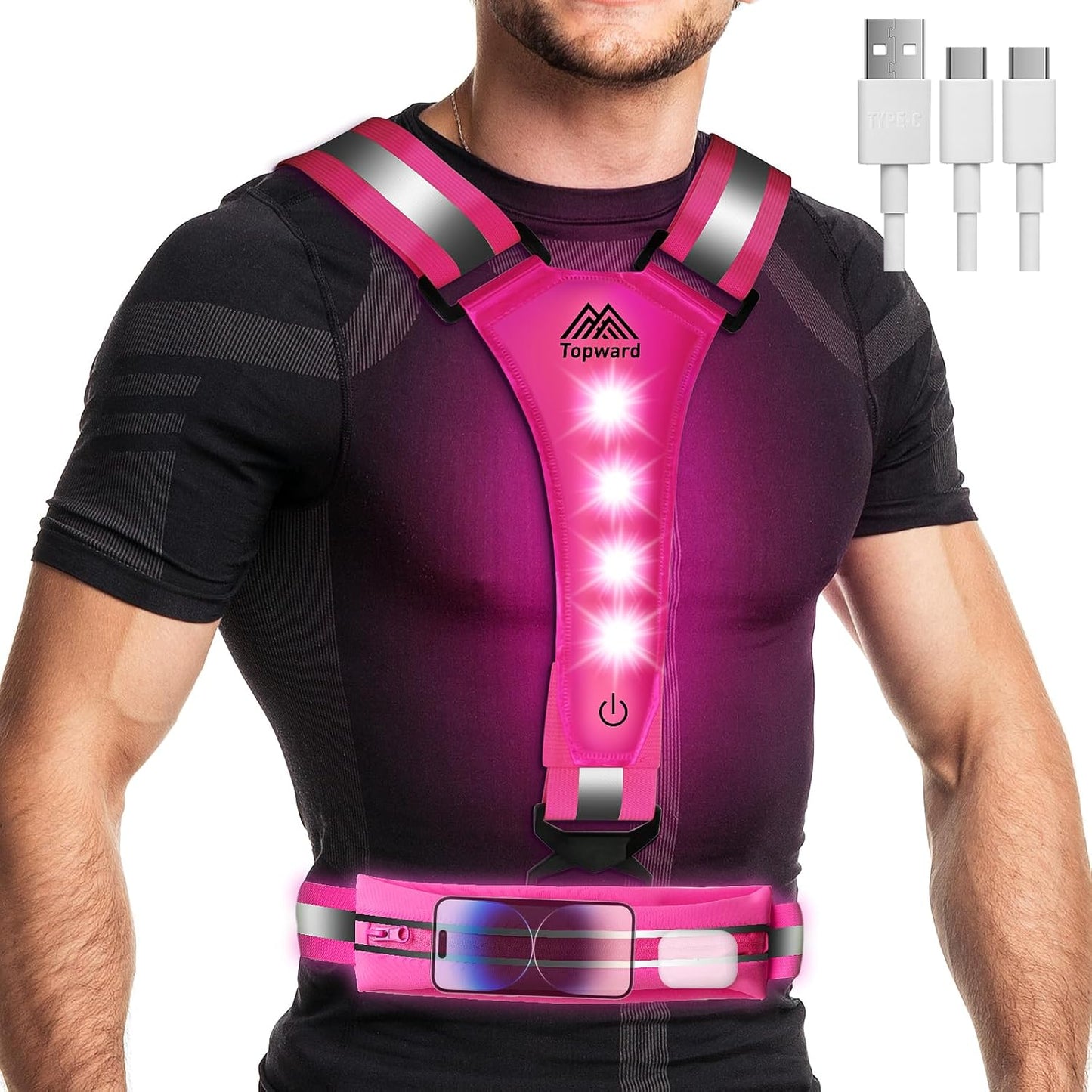 Topward LED Reflective Vest - USB-C Rechargeable Running Gear for Night Safety | Adjustable Size for Runners and Dog Walkers