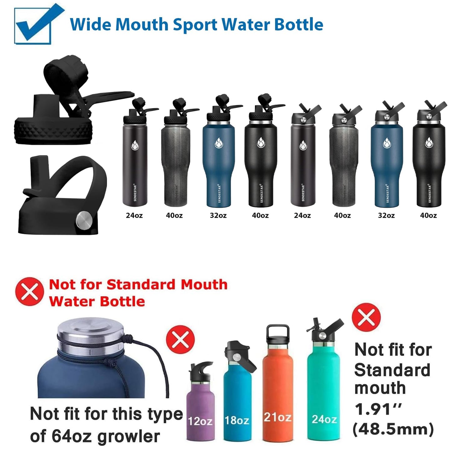 SENDESTAR Straw Lid for Hydroflask Wide Mouth Water Bottle with 12,16,18,20,24,32,40,64 oz, Auto Flip Straw Top Cap fit Most Wide Mouth Bottles, Sports Cap Water Bottle Accessories Top Replacement