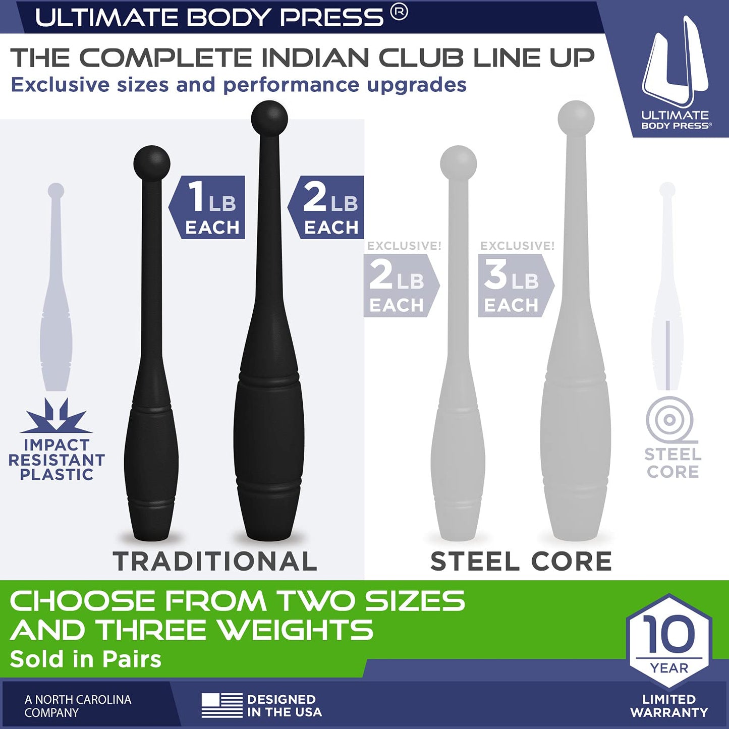 Ultimate Body Press Indian Clubs - 1lb, 2lb and 3lbs Pairs