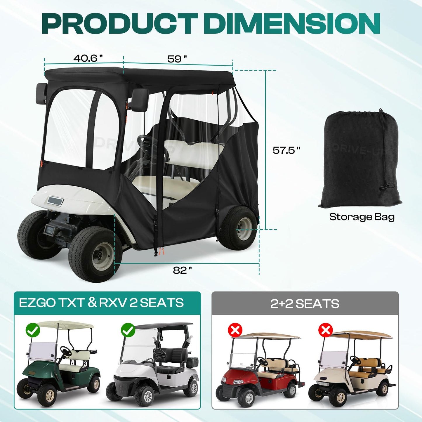 DRIVE UP Upgraded EZGO Driving Enclosure, Golf Cart Enclosure Fits for 2 Passengers EZGO RXV and TXT Golf Cart, 600D Waterproof Golf Cart Rain Cover with 2 Zippered Doors & 4-Sided Clear PVC Windows