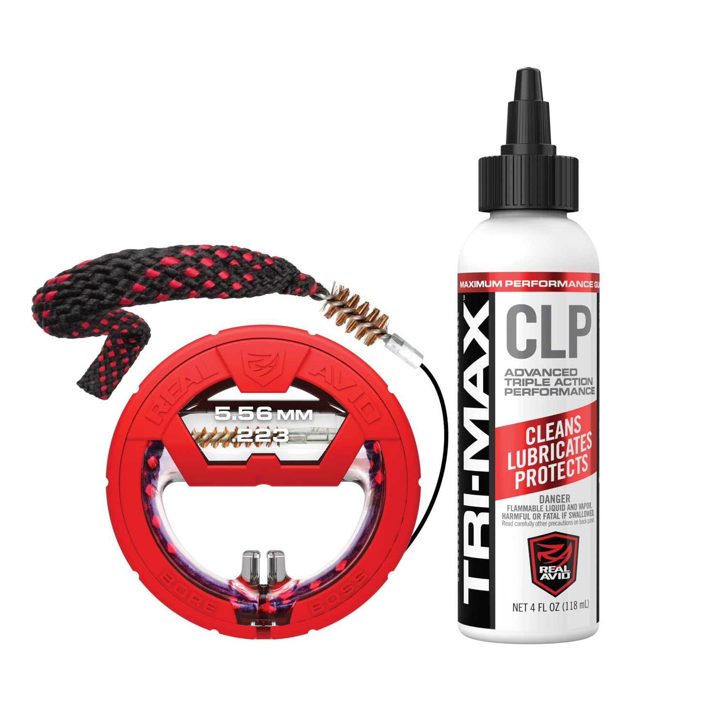 Real Avid Bore Cleaning Combo | Bore Boss Gun Cleaning System for Small Frame Rifles + 4oz CLP | Gun Snake Rapid Pull Through Barrel Bore Cleaning Cable w/Integrated Brush & Mop + CLP Gun Cleaner