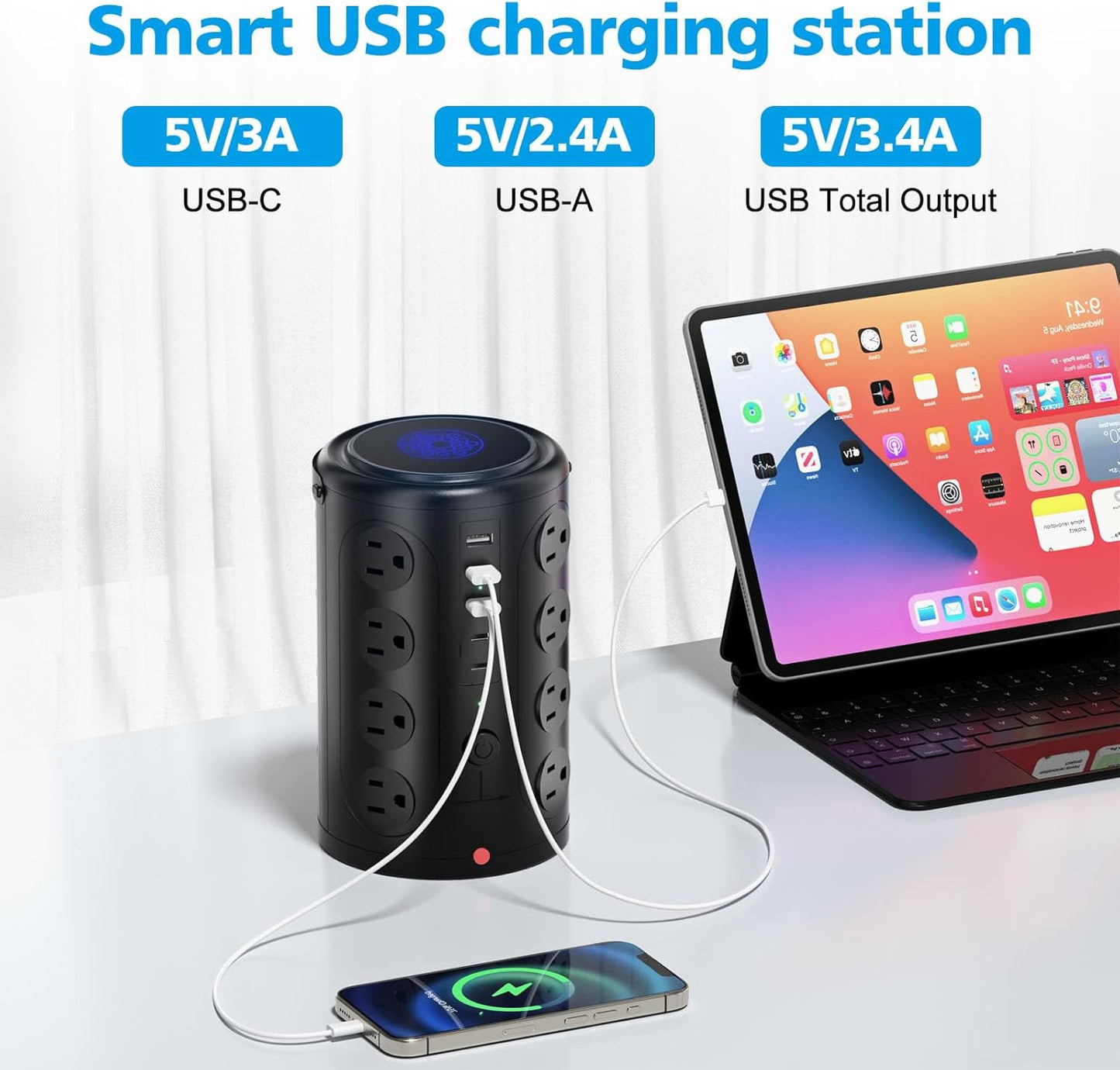 15W Wireless Charging Surge Protector Power Strip with 16 AC Outlets & 5 USB Ports - Desk Charging Station for Home, Office & Dorm Room (10FT)
