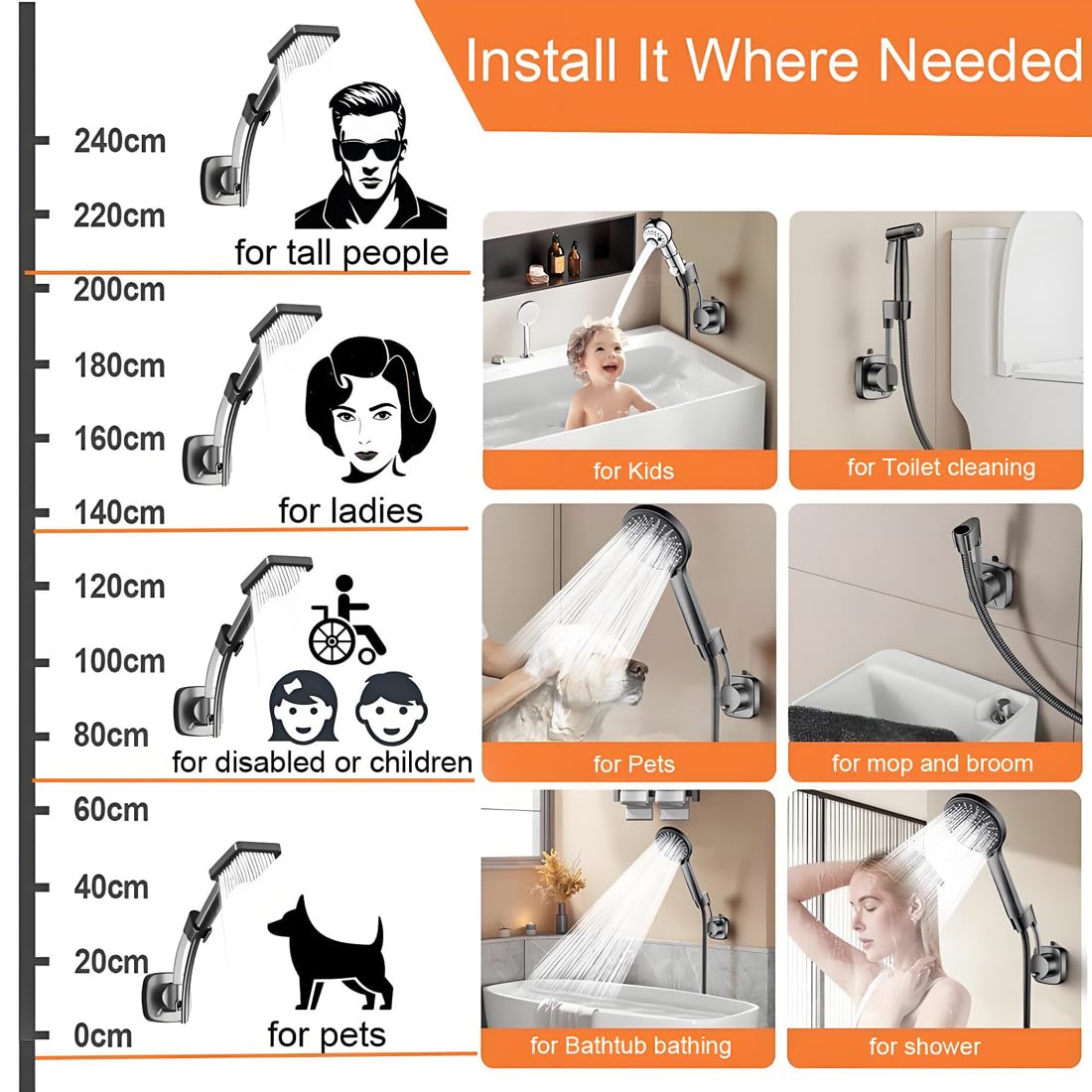 Suction Cup Shower Head Holder - Angle Adjustable Spring Arm, Flexible Wall Mount Shower Hose Holder, Removable Hand Held Shower Bracket with Vacuum Lock & Bonus Hook for Bathroom, Kitchen