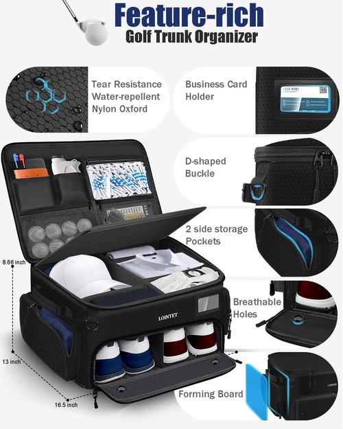 LOINTET Golf Trunk Organizer, Waterproof Car Golf Locker with Separate Ventilated Compartment for 2 Pair Shoes, Golf Storage for Balls, Tees, Cap, Clothes, Gloves, Accessories, Gifts for Men, Women