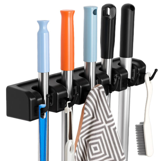 InPoTo Broom and Mop Holder, Wall Mounted Organizer Mop and Broom Storage Tool Rack with 5 Ball Slots and 6 Hooks (1Pack)