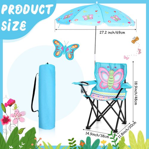 Burbell 1 Set Kids Beach Chair with Umbrella Child Folding Chair Umbrella with Universal Clamp for Children Beach Camping Patio Garden Outdoor Lawn Pool Travel Indoor (Butterfly)